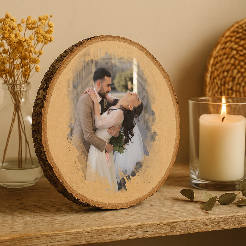 „Personalisierte runde Foto-Holzscheibe mit natürlicher Rindenkante – romantisches Hochzeitsfoto als Wand- oder Tischdeko.“