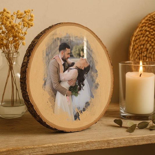 „Personalisierte runde Foto-Holzscheibe mit natürlicher Rindenkante – romantisches Hochzeitsfoto als Wand- oder Tischdeko.“