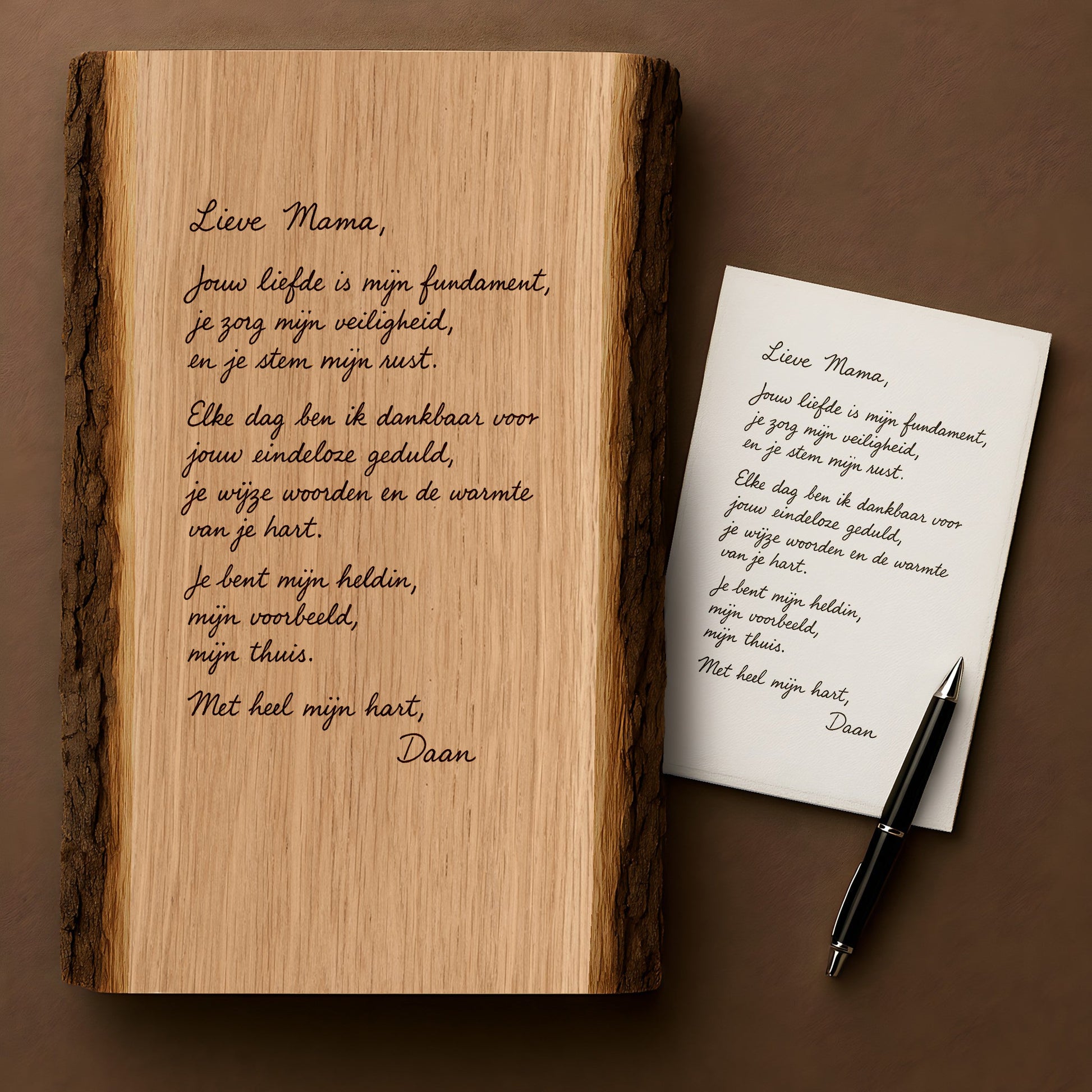 Handgeschriebener Text auf Holz graviert – Geschenk für Mama