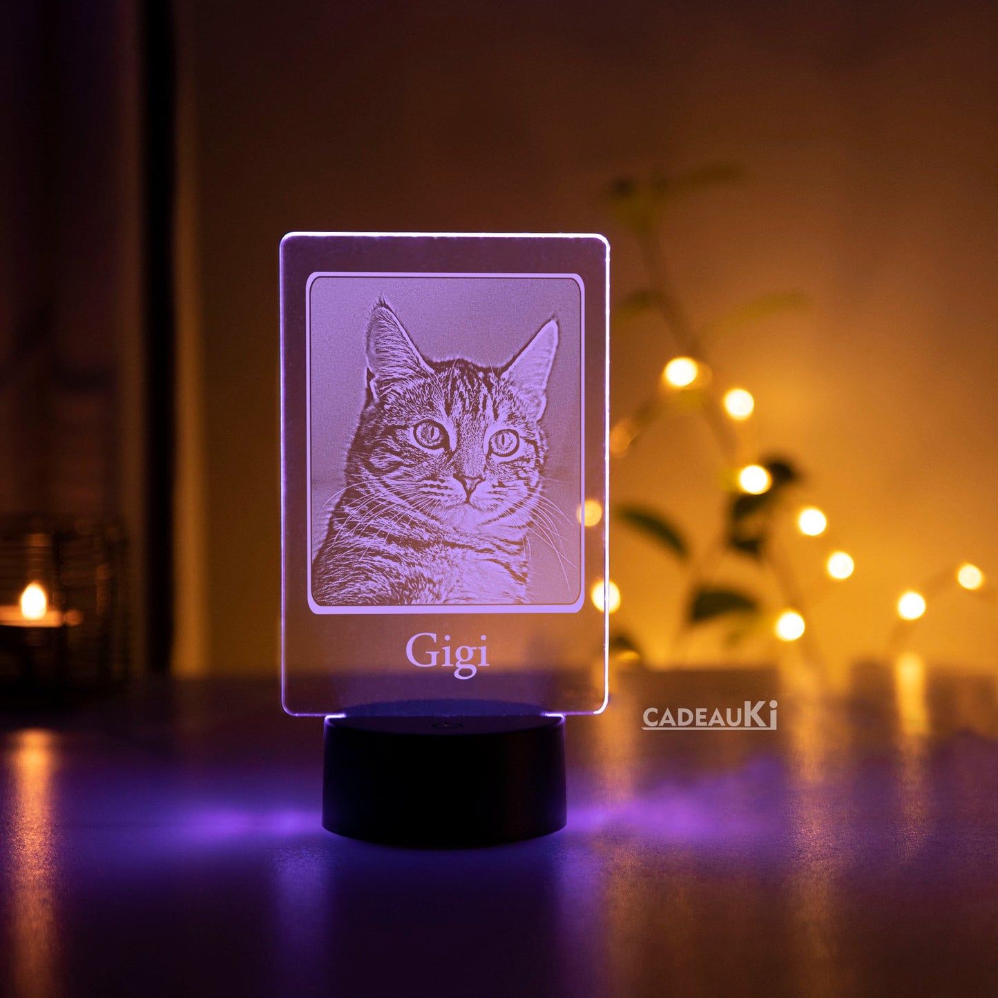 Personalisierte Fotolampe mit Katzenmotiv in rotem Licht