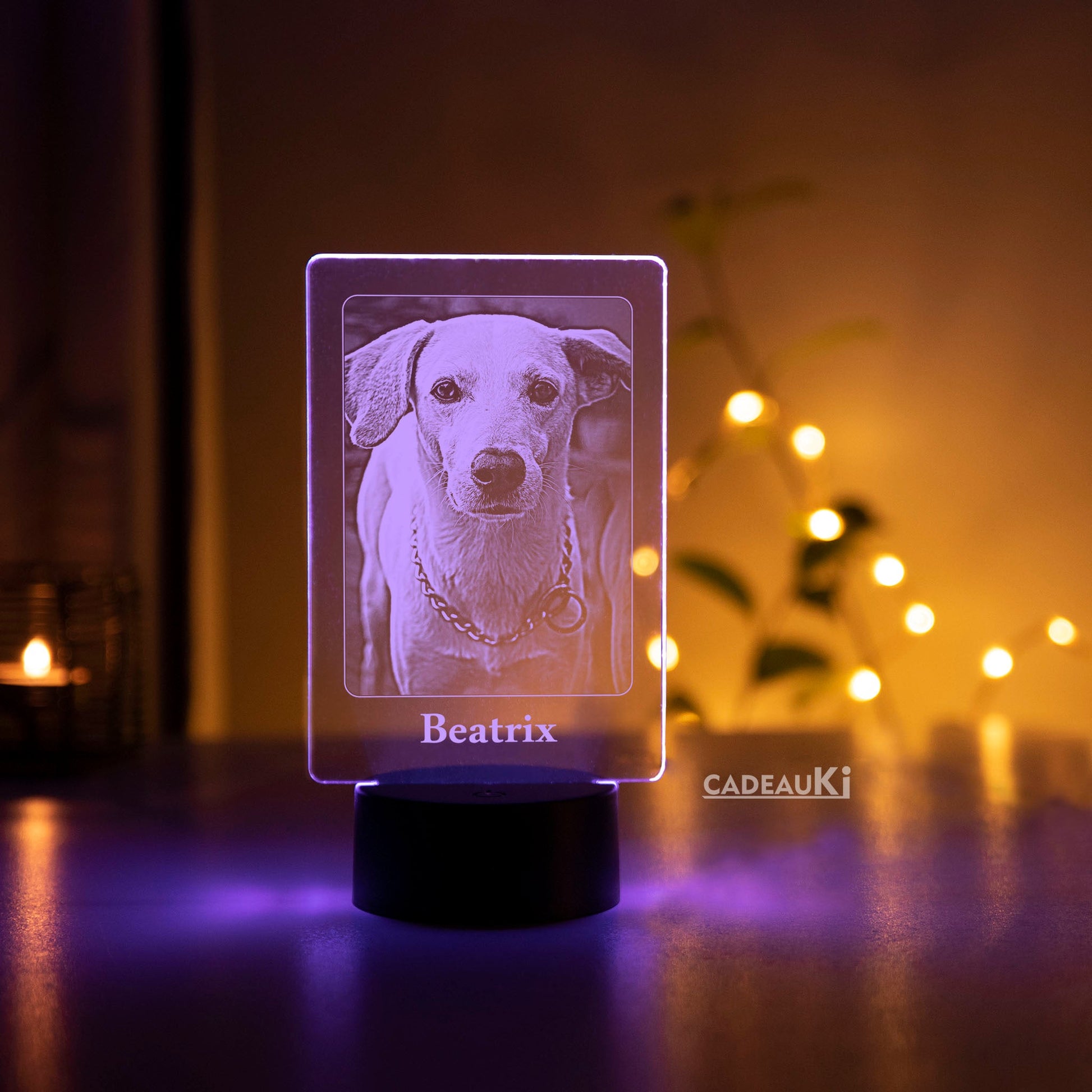 LED-Lampe mit eingraviertem Hundefoto „Beatrix“, beleuchtet in violettem Farbton