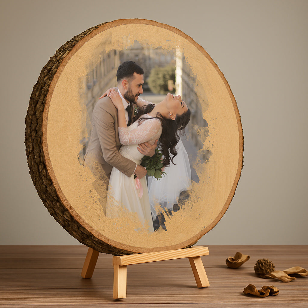 Personalisiertes Foto auf runder Holzscheibe mit Ständer – hochwertiger Druck auf Holz mit Rindenrand.