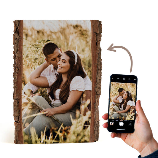 Personalisierter Fotodruck auf Holz mit echter Rinde, naturbelassenes Holzbild mit eigenem Foto, individuelles Geschenk