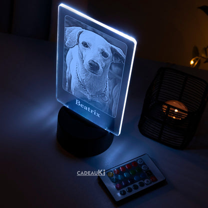 LED-Lampe mit Namensgravur „Beatrix“ und Hundefoto in blauer Beleuchtung