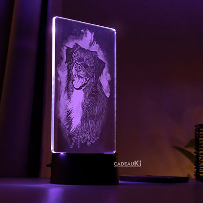 Gravierte Hunde-Fotolampe im Wohnzimmer
