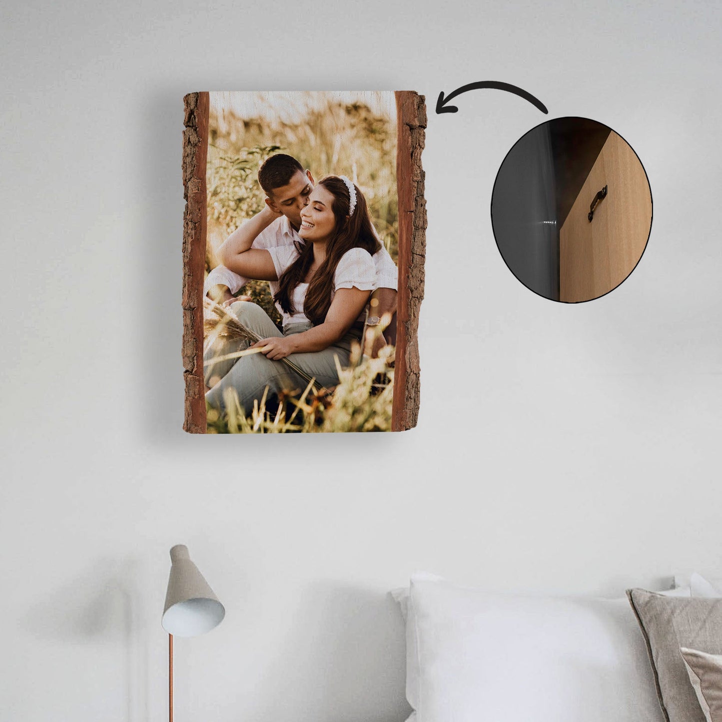 Wandbild aus Holz mit Rinde, individuelles Fotogeschenk zum Aufhängen, naturbelassenes Holzfoto mit eigenem Motiv
