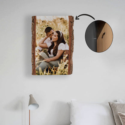Wandbild aus Holz mit Rinde, individuelles Fotogeschenk zum Aufhängen, naturbelassenes Holzfoto mit eigenem Motiv