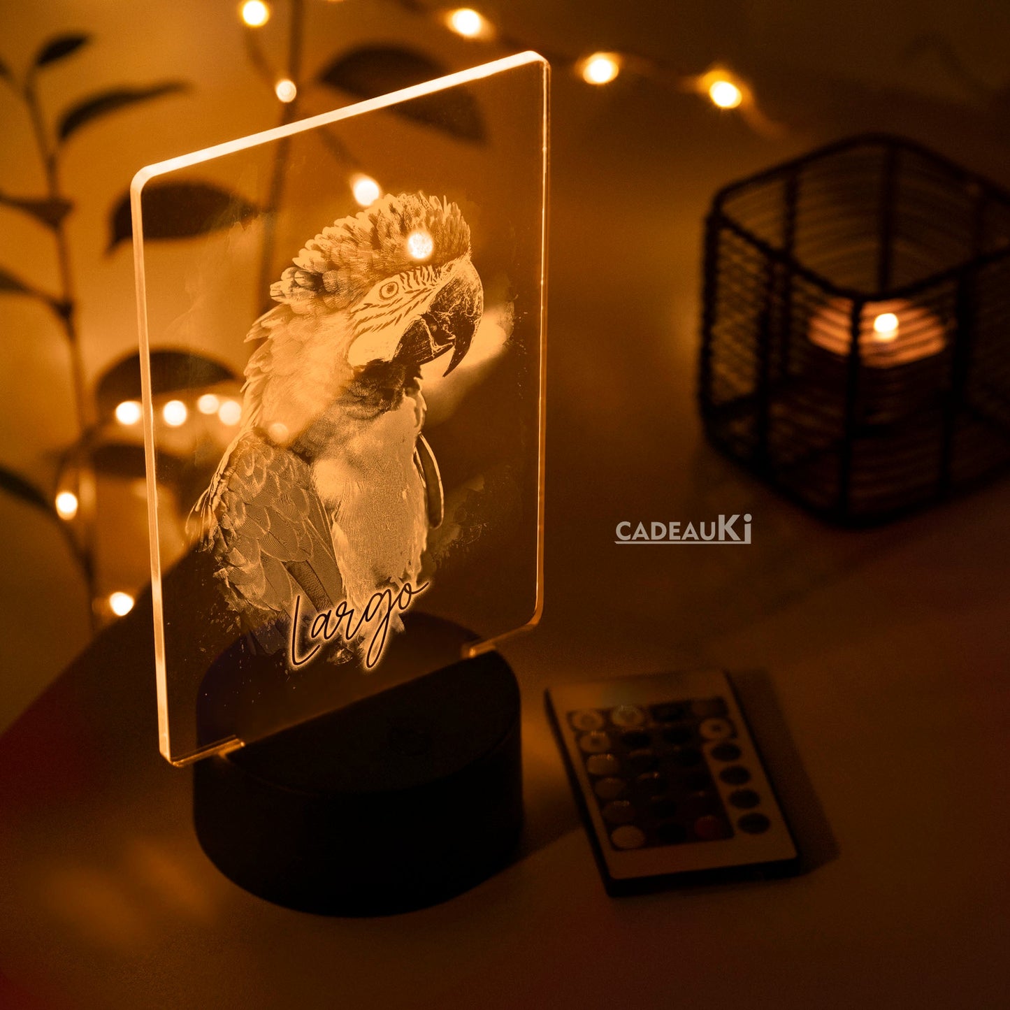 Gravierte LED-Lampe in orangefarbenem Schimmer mit Papageienmotiv.