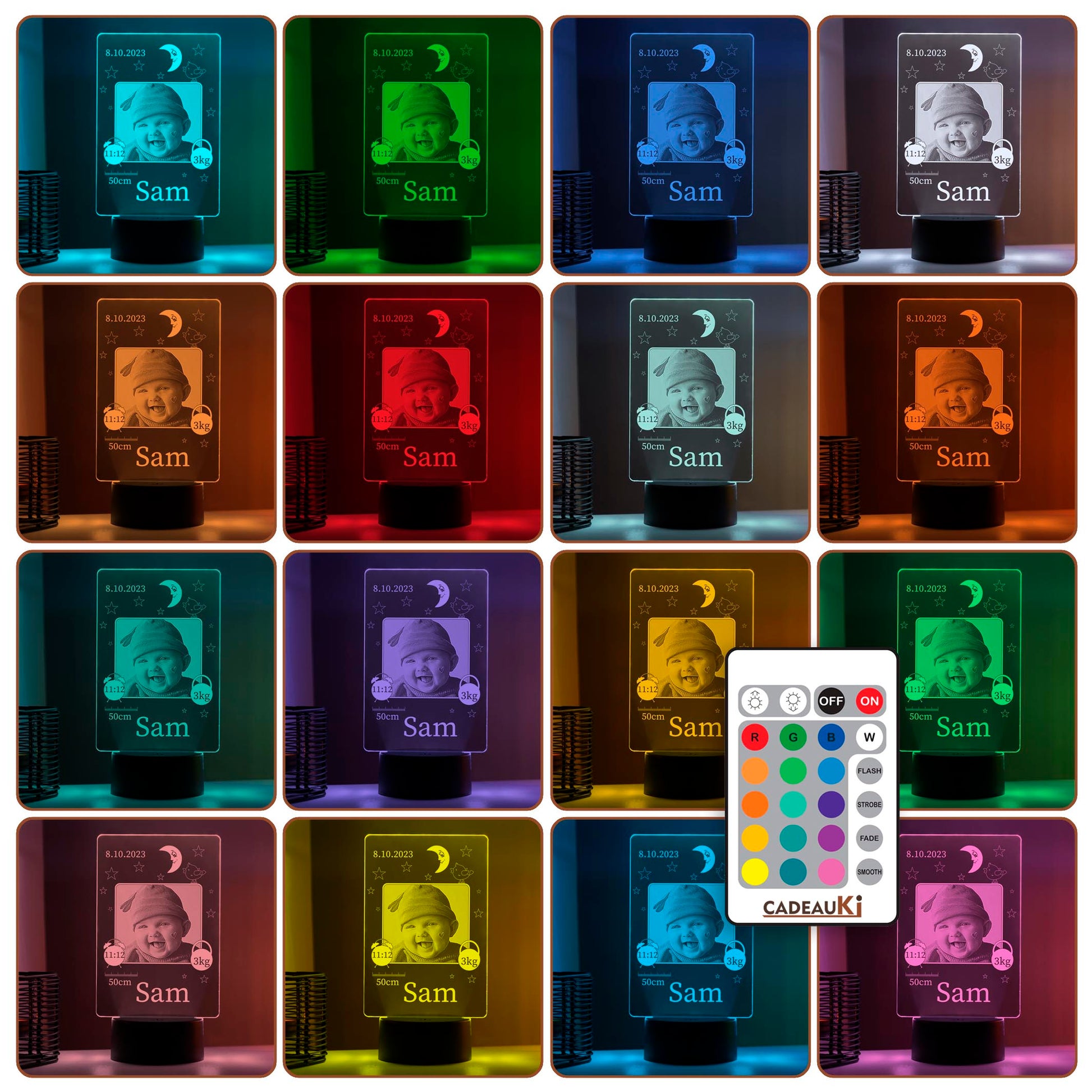 Detailaufnahme der gravierten Baby-Fotolampe mit Namen