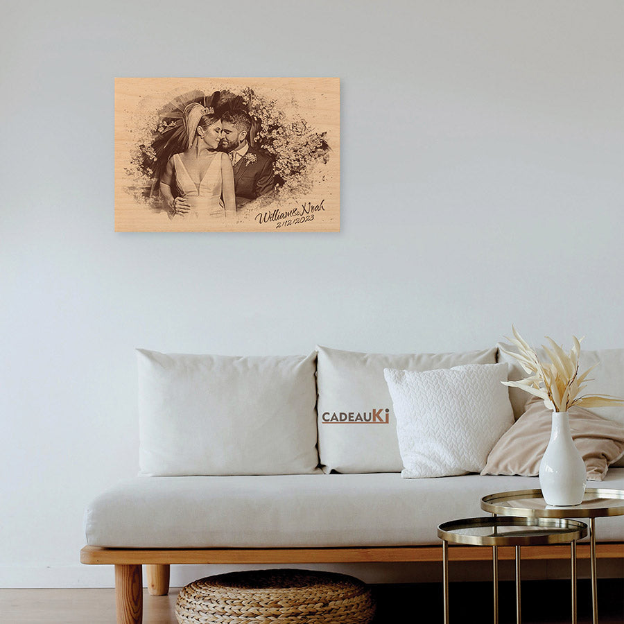 Persönliches Fotogeschenk aus Naturholz – Pyrografie Stil